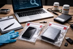 Mesa de trabajo forense con portátil, móvil y disco duro en bolsas de evidencia para preservar la cadena de custodia
